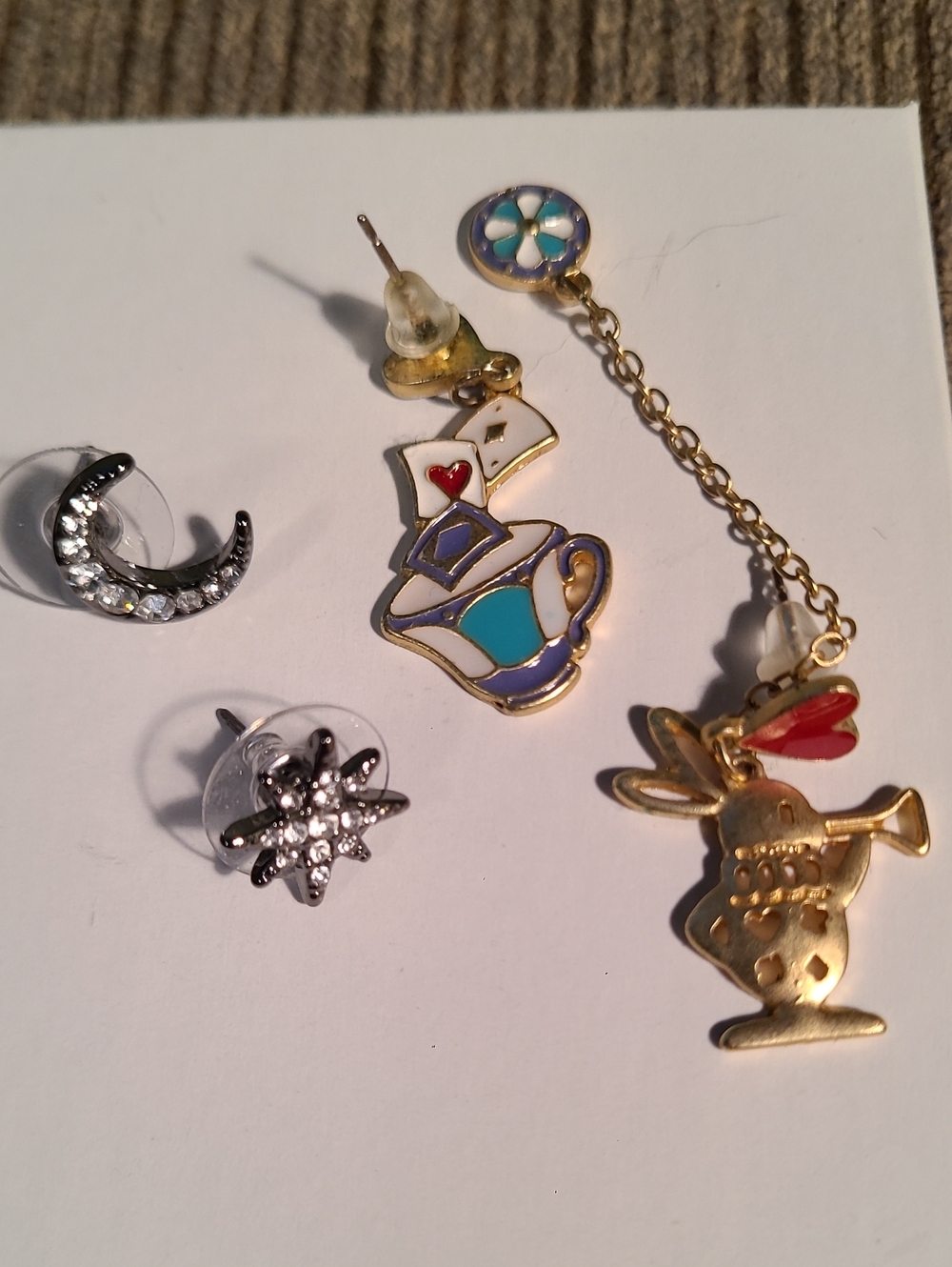 Gold Tone Alice Tea Cup & Rabbit Dangle Earrings - Blue, Purple, Red Accents